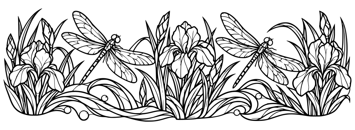 Dragonfly Glasswork black-and-white wrap engraving artwork showing dragonflies, irises, reeds and stained-glass-inspired water arcs; design only