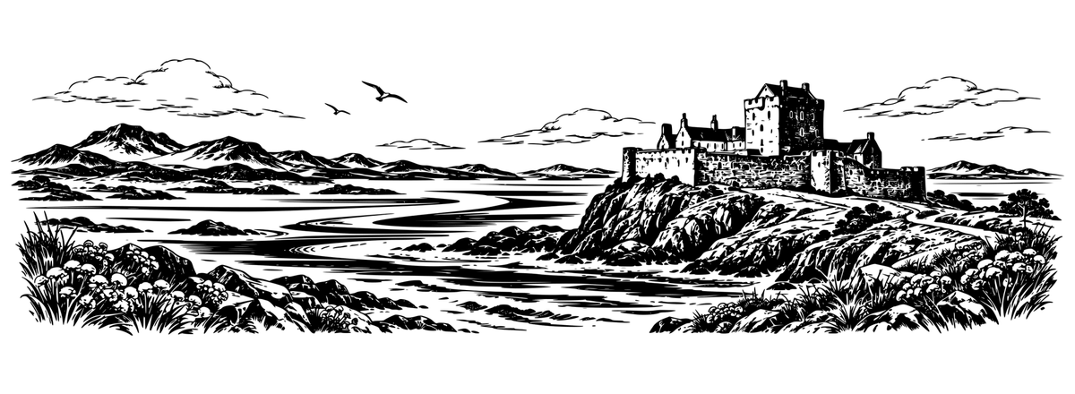 Duart Castle & the Sound of Mull: black-and-white panoramic laser engraving artwork, design only.
