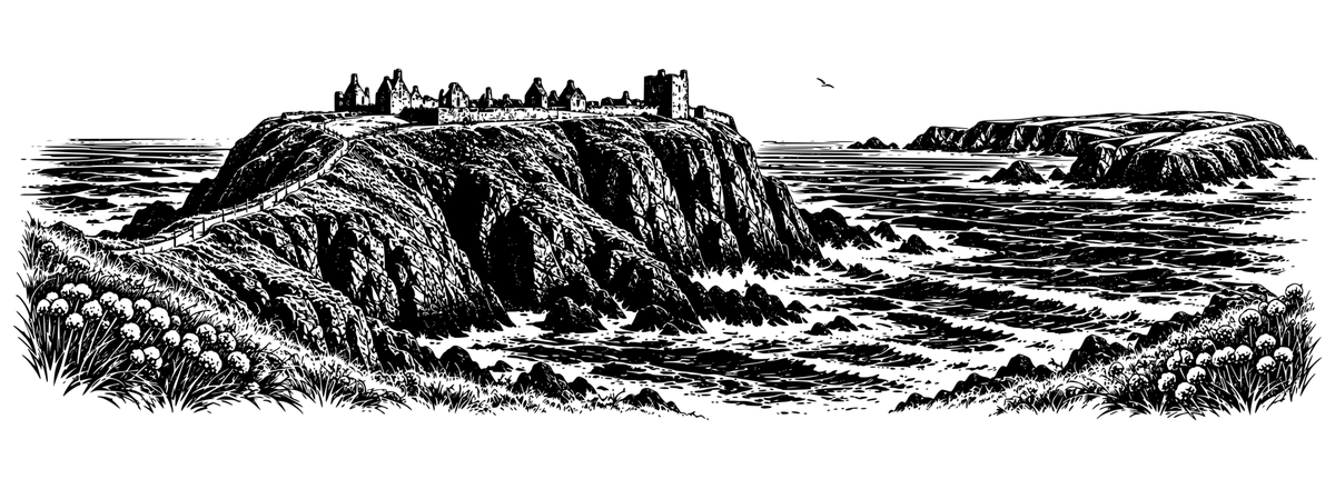 Dunnottar Coastal Fortress: black-and-white panoramic laser engraving artwork, design only.