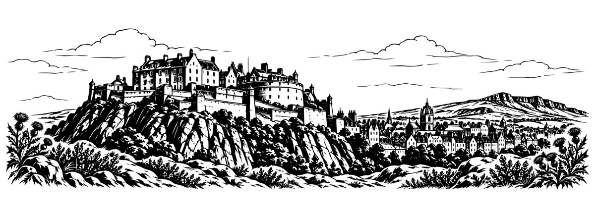 Edinburgh Castle Skyline: black-and-white panoramic laser engraving artwork, design only.