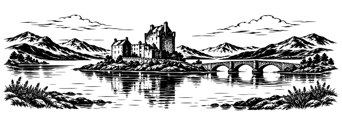 Eilean Donan Loch Reflections: black-and-white panoramic laser engraving artwork, design only.