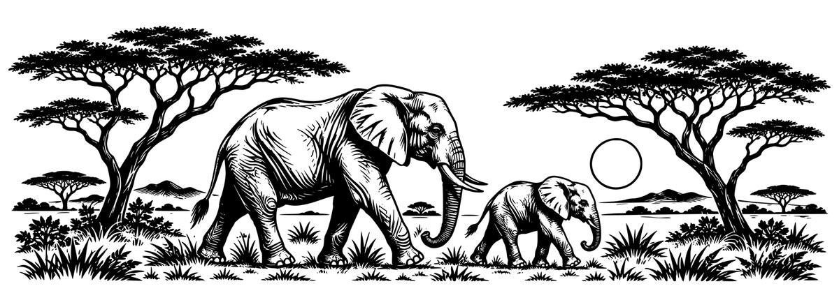 Elephant Family & Acacia - flat black-and-white panoramic laser engraving artwork. An adult elephant and calf walk between broad acacia trees with grasses, distant hills and a sun disc.