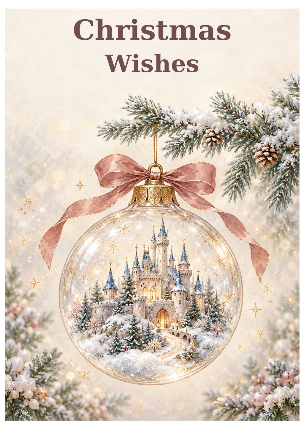 Enchanted castle Christmas card with Christmas Wishes lettering.