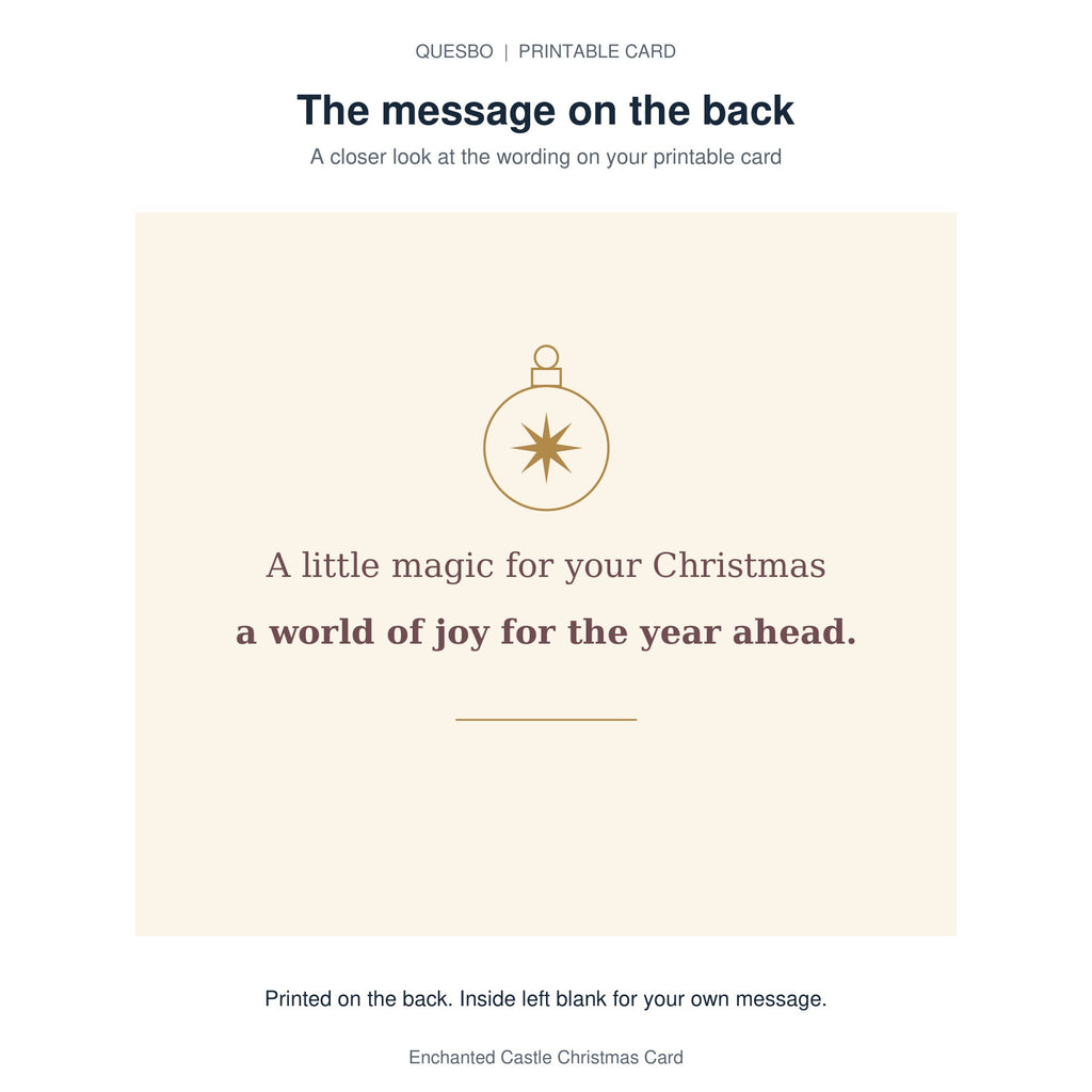 Printed message on the back of the PDF card: A little magic for your Christmas a world of joy for the year ahead. The inside is blank for your own handwritten message.