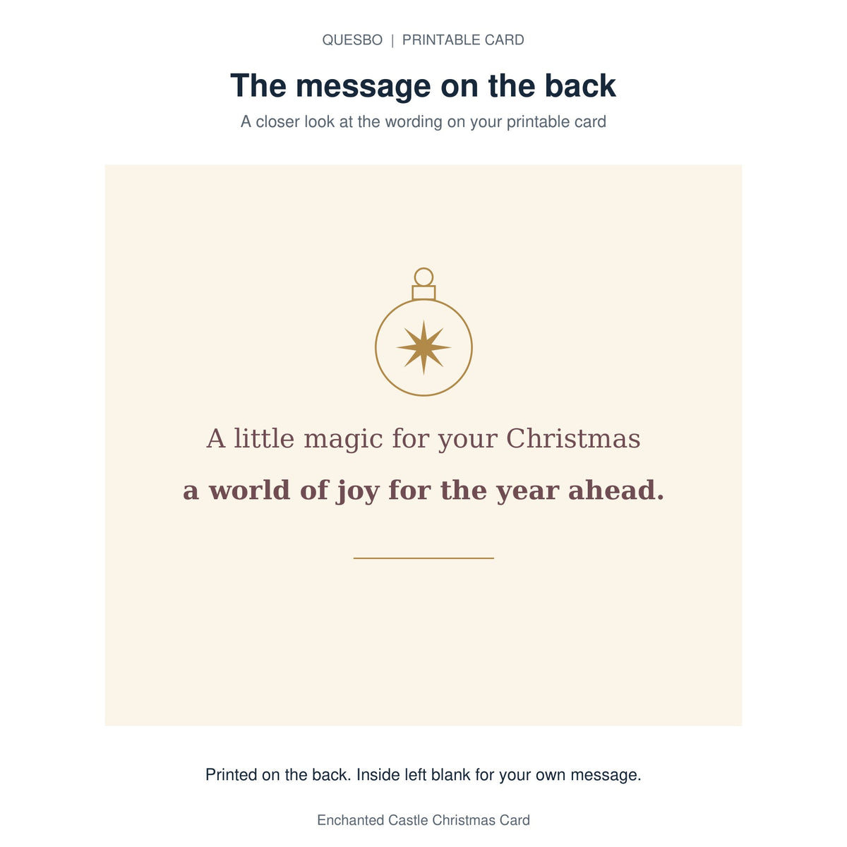 Printed message on the back of the PDF card: A little magic for your Christmas a world of joy for the year ahead. The inside is blank for your own handwritten message.
