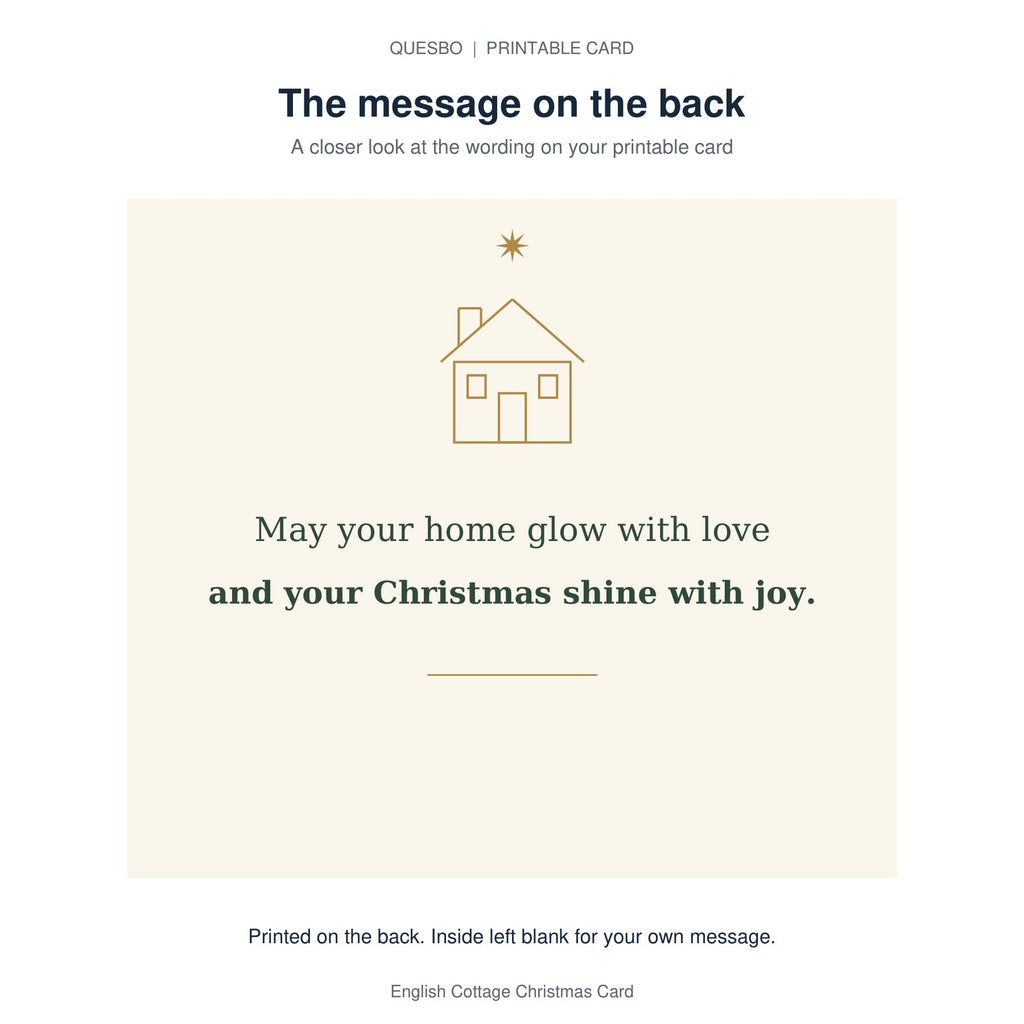Printed message on the back of the PDF card: May your home glow with love and your Christmas shine with joy. The inside is blank for your own handwritten message.