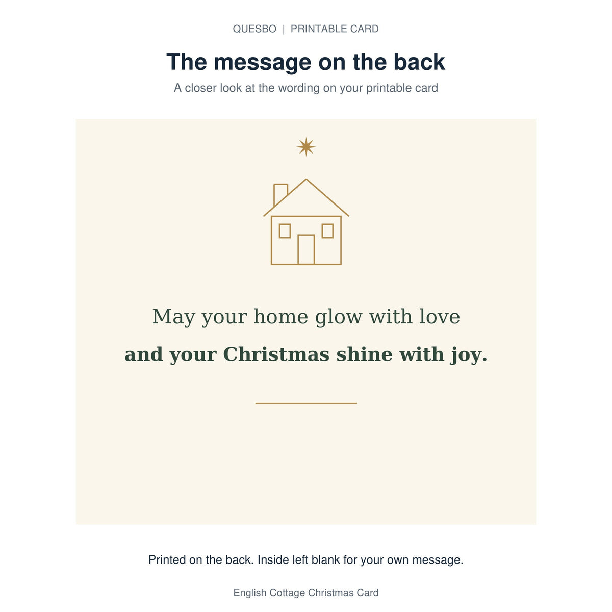 Printed message on the back of the PDF card: May your home glow with love and your Christmas shine with joy. The inside is blank for your own handwritten message.