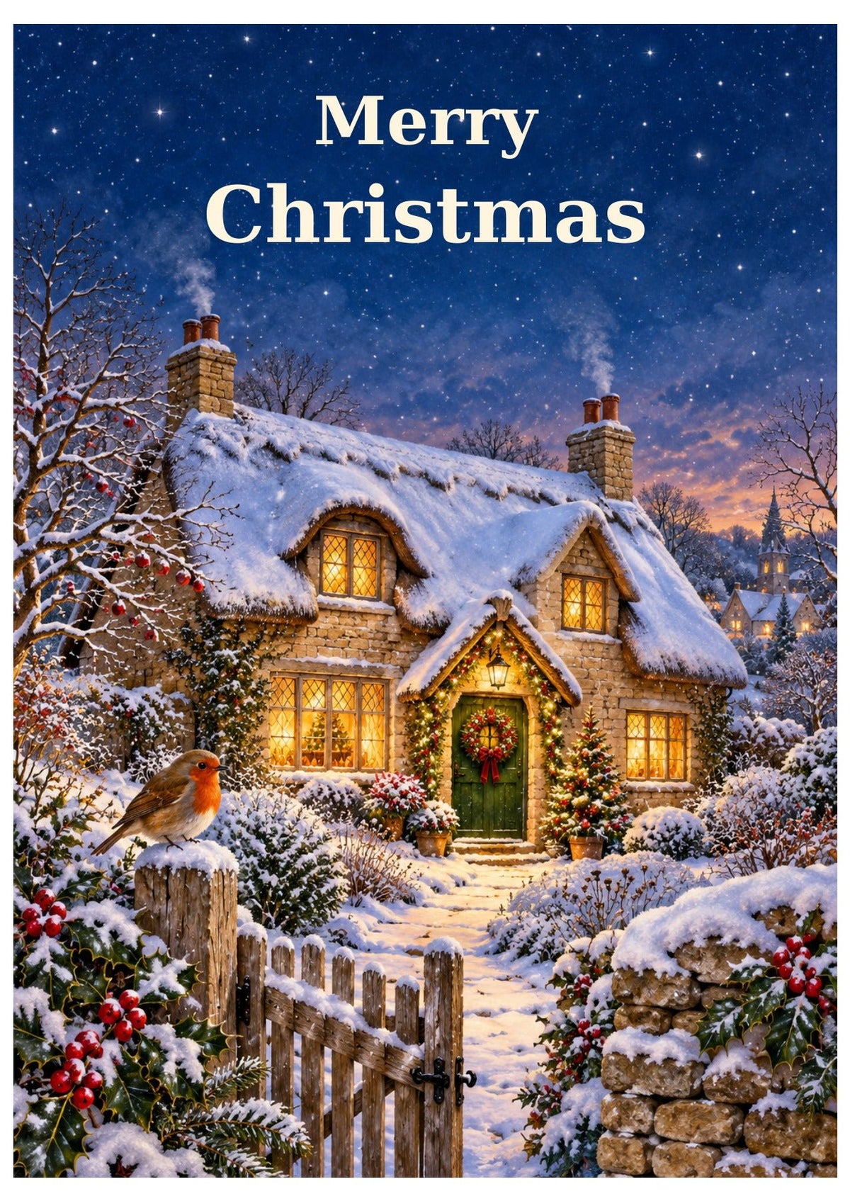 English cottage themed Christmas card with “Merry Christmas.”