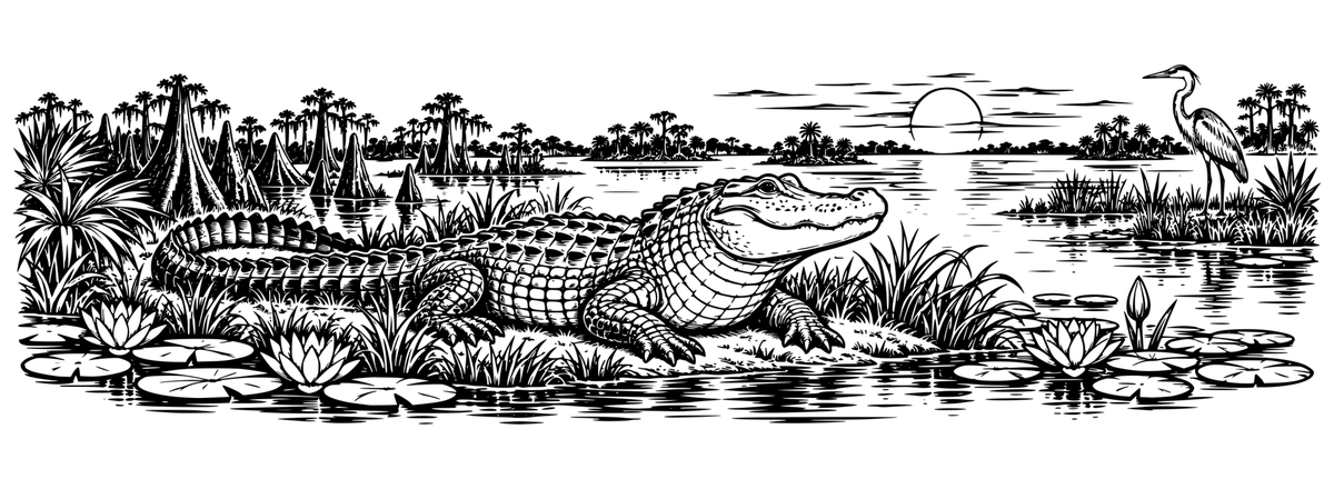 Everglades Lagoon Adventure: black-and-white panoramic laser engraving artwork, design only.