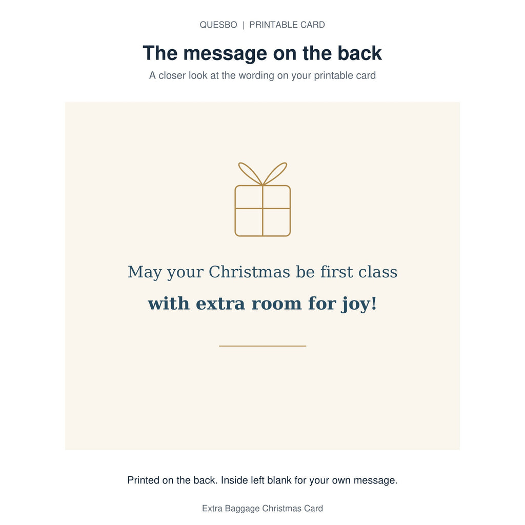 Printed message on the back of the PDF card: May your Christmas be first class with extra room for joy! The inside is blank for your own handwritten message.