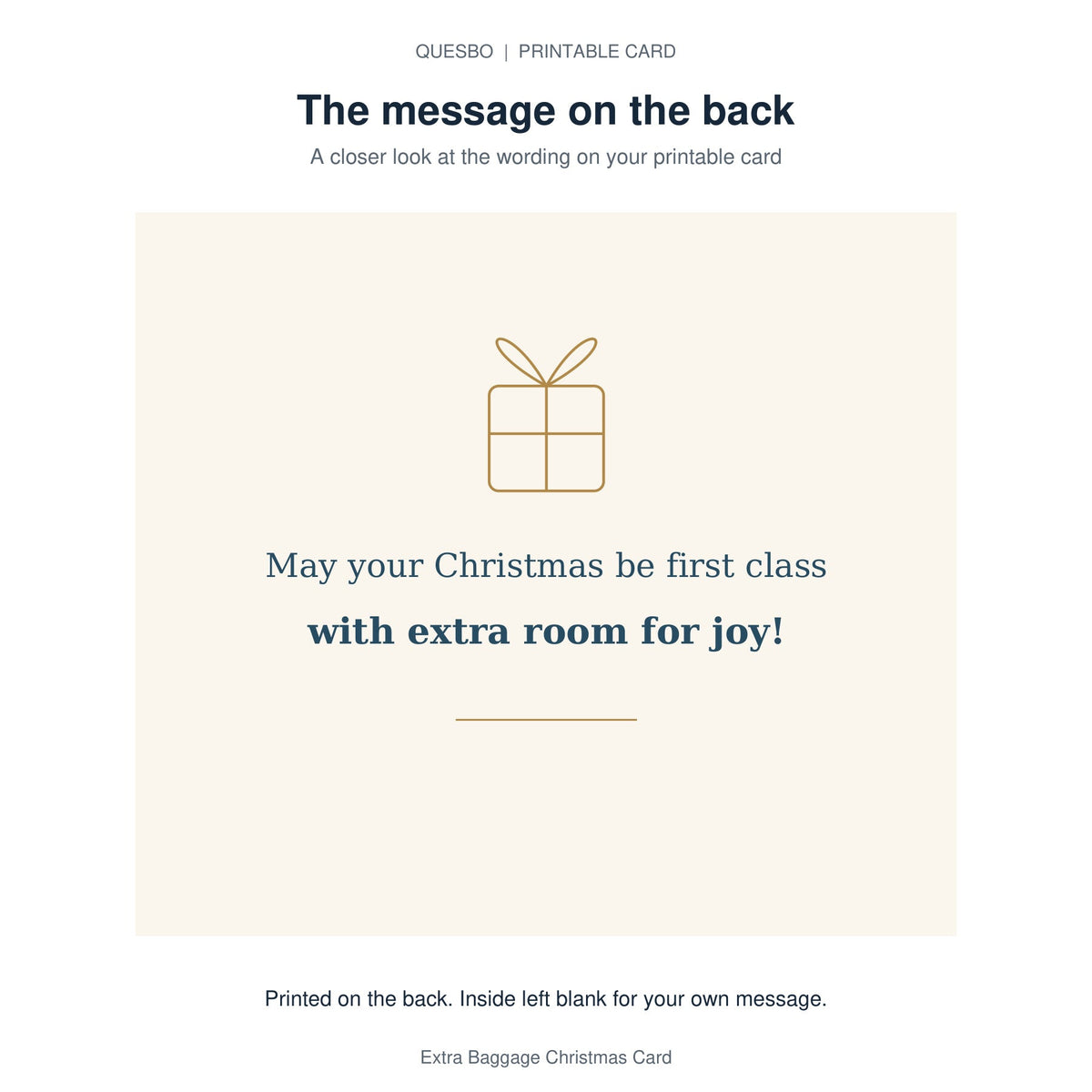 Printed message on the back of the PDF card: May your Christmas be first class with extra room for joy! The inside is blank for your own handwritten message.