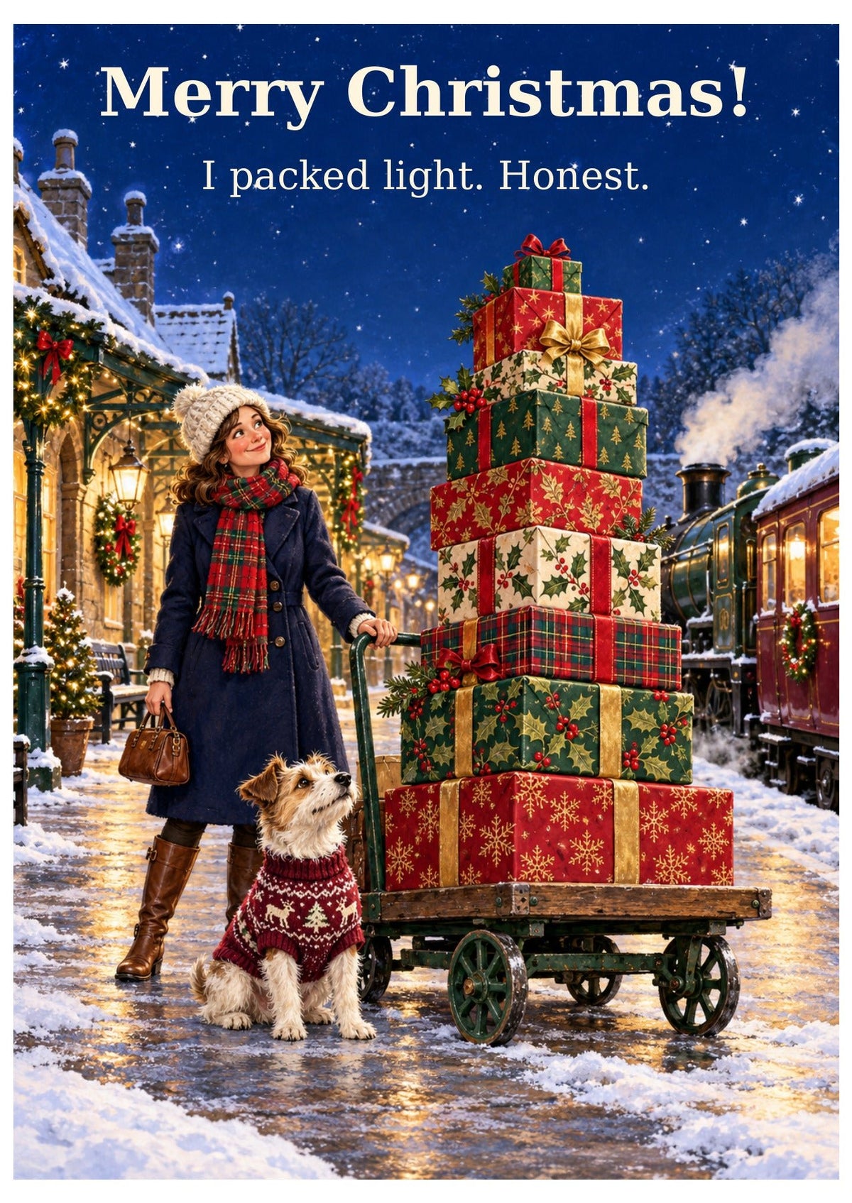 Christmas baggage themed card with “Merry Christmas!” and “I packed light. Honest.”