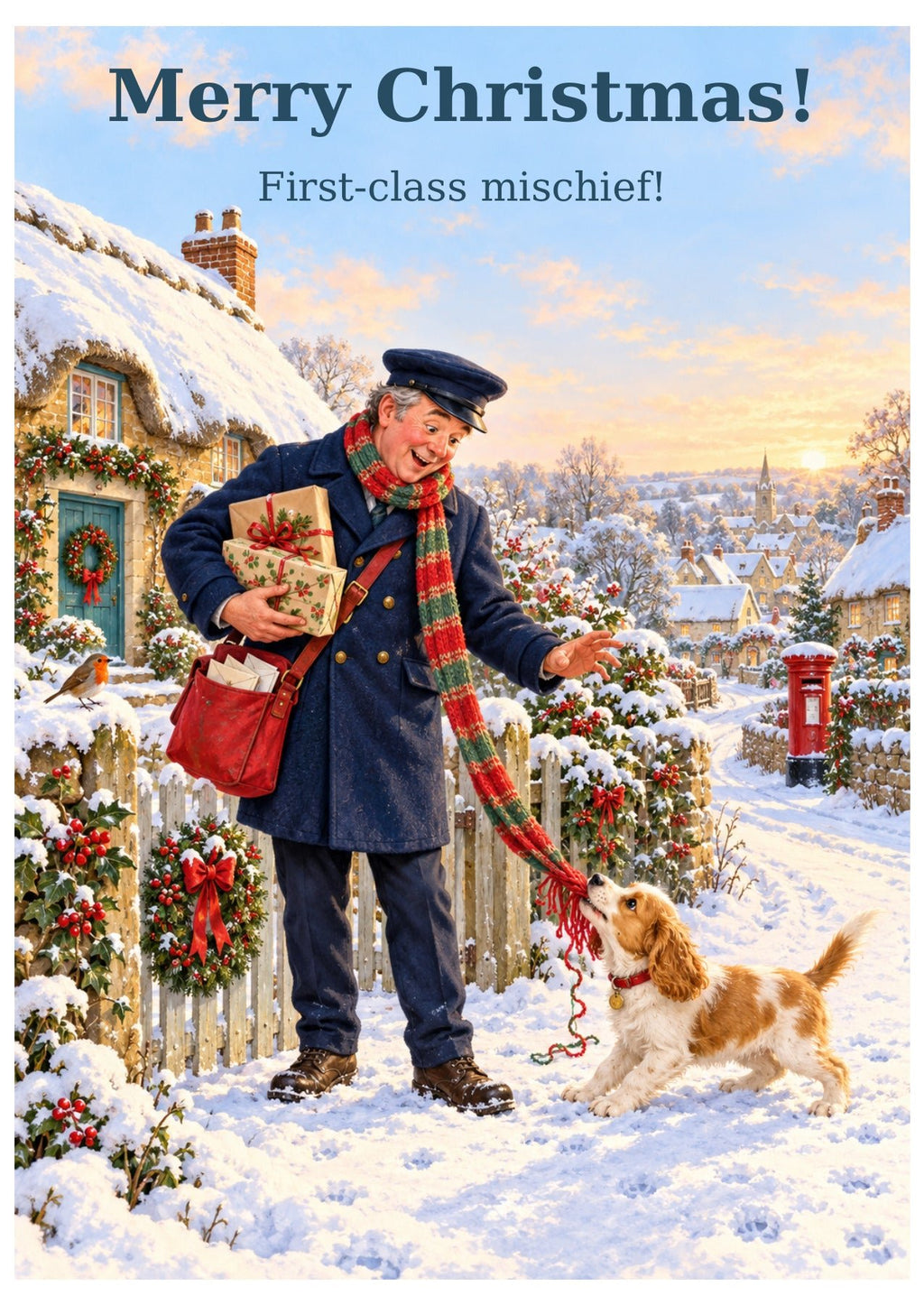 Postman Christmas card with “Merry Christmas!” and “First-class mischief!”