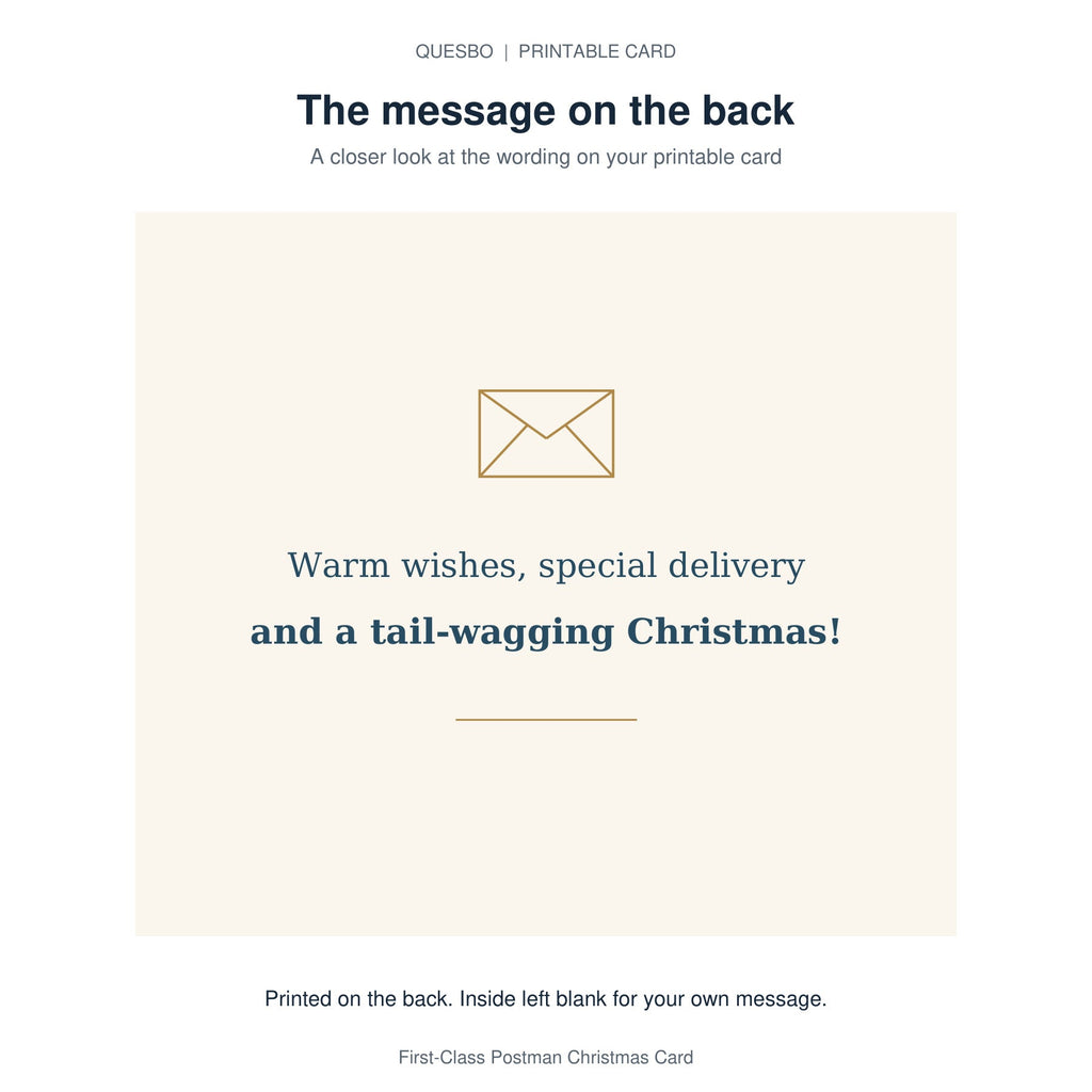 Printed message on the back of the PDF card: Warm wishes, special delivery and a tail-wagging Christmas! The inside is blank for your own handwritten message.