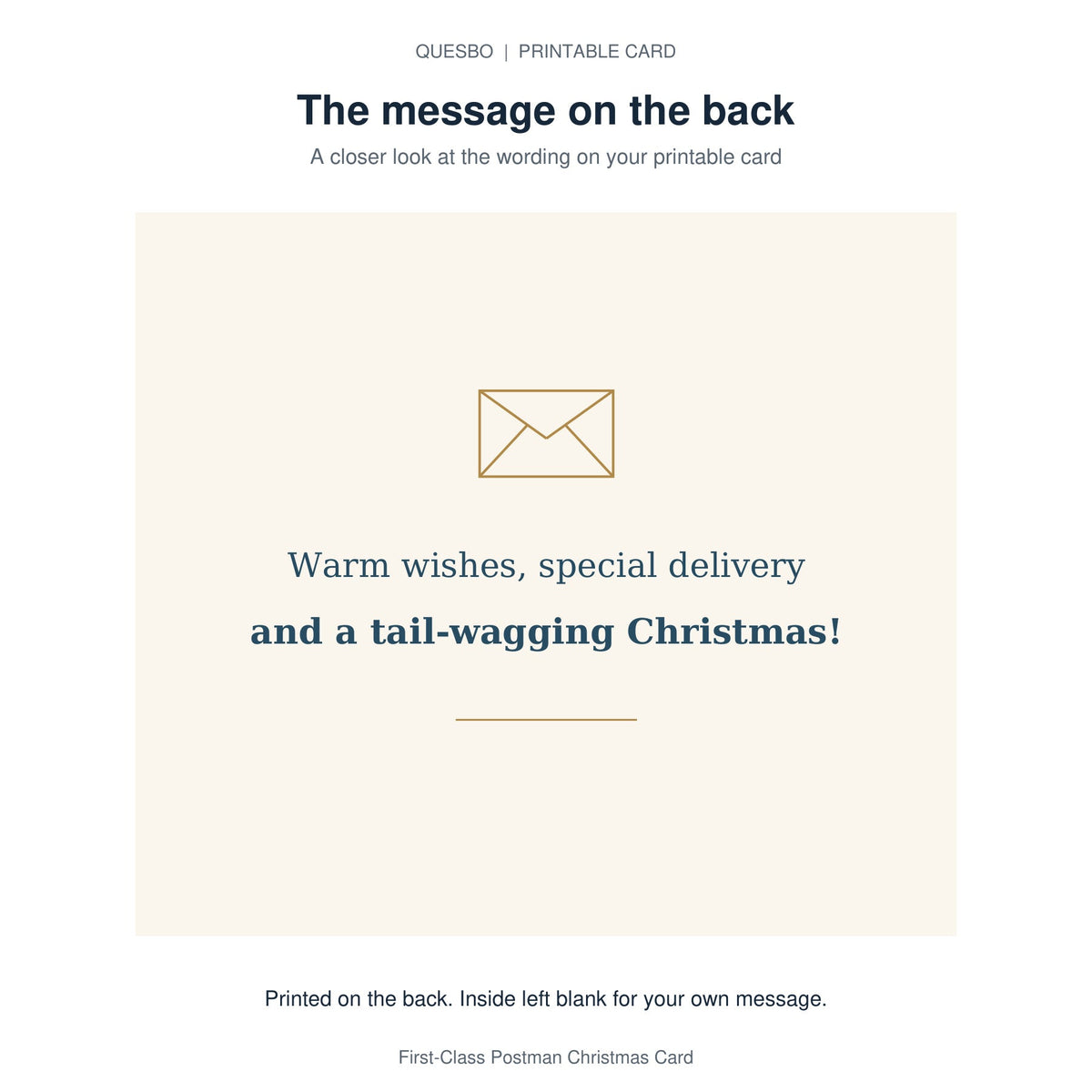 Printed message on the back of the PDF card: Warm wishes, special delivery and a tail-wagging Christmas! The inside is blank for your own handwritten message.