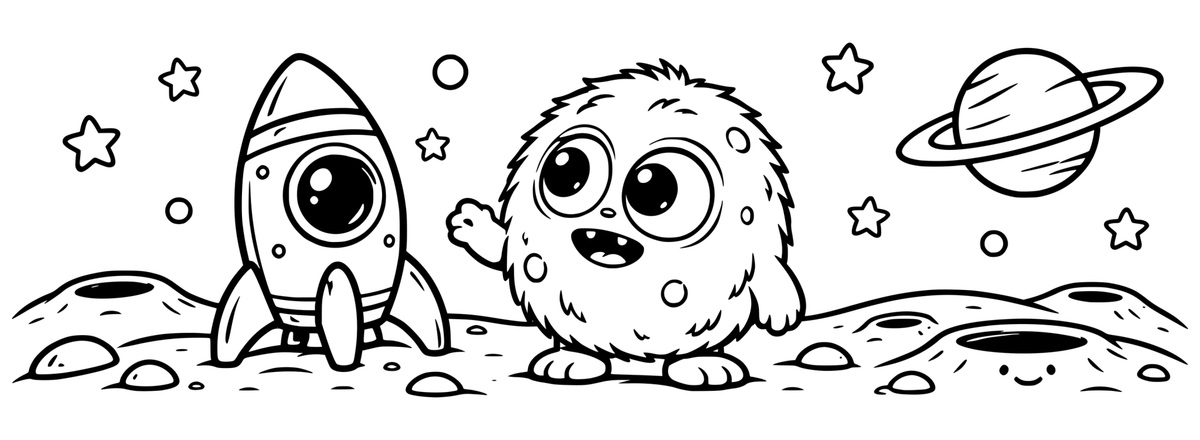 Fluffball Moon Mission — flat black-and-white 360-degree laser engraving artwork. A curious furry friend explores a playful moon landscape with a rocket, planets and stars.