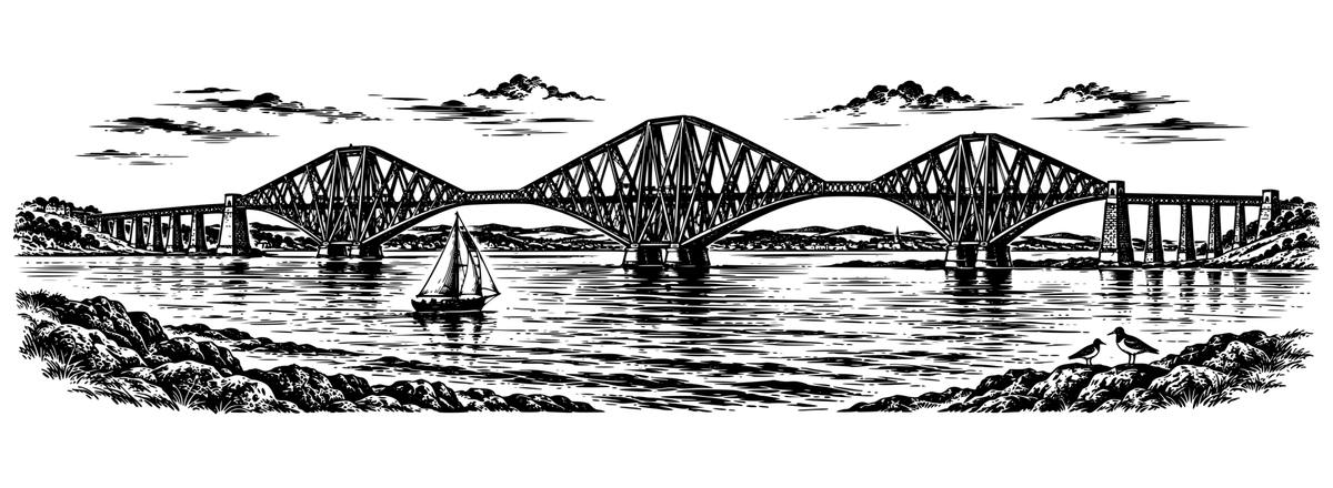 Forth Bridge Maritime: black-and-white panoramic laser engraving artwork, design only.