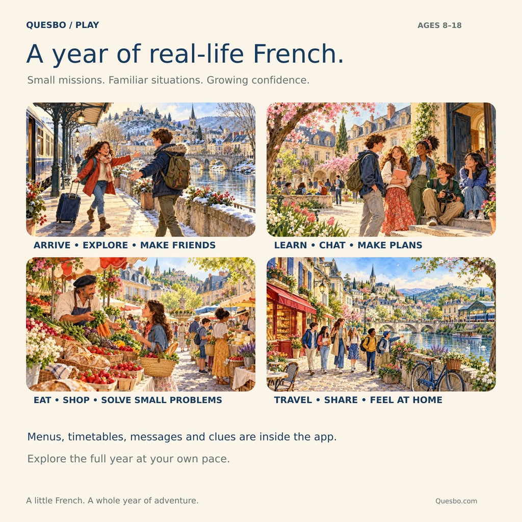 Explore twelve illustrated monthly journeys through everyday French situations