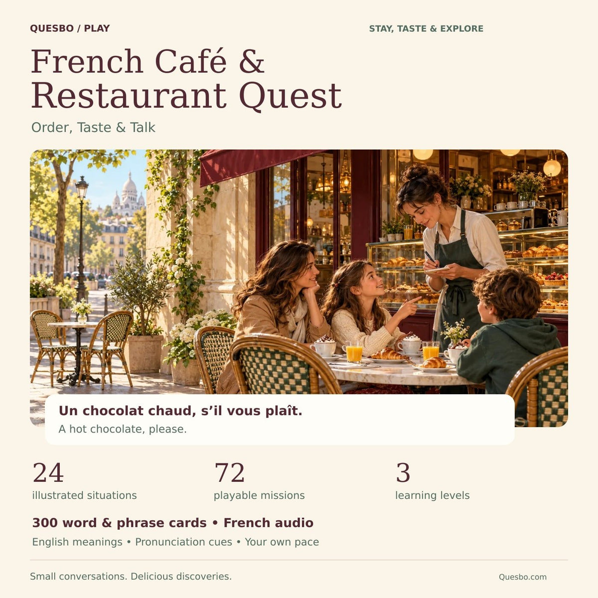 French Café & Restaurant Quest cover showing a family ordering breakfast at a French café, with title, bilingual example and benefits:24 situations,72 missions and3 learning levels.