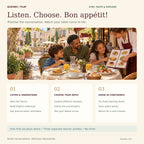 French Café & Restaurant Quest guide: listen and understand, choose your reply and grow in confidence, illustrated by a family at a café terrace.