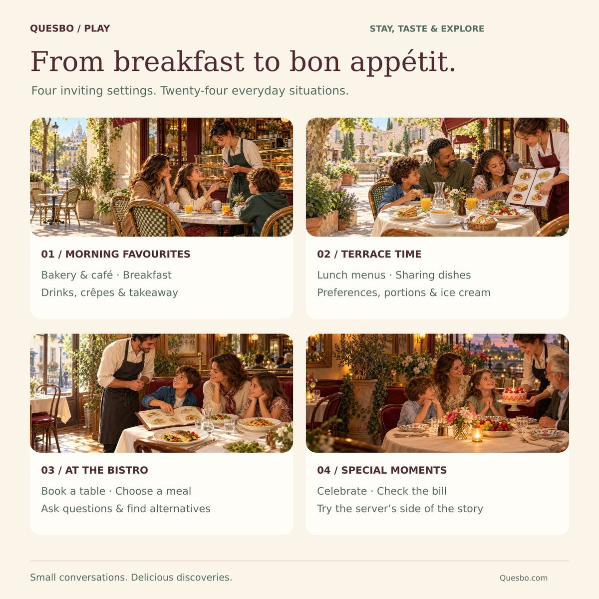 Four illustrated French café learning settings: morning favourites, terrace time, at the bistro and special moments.