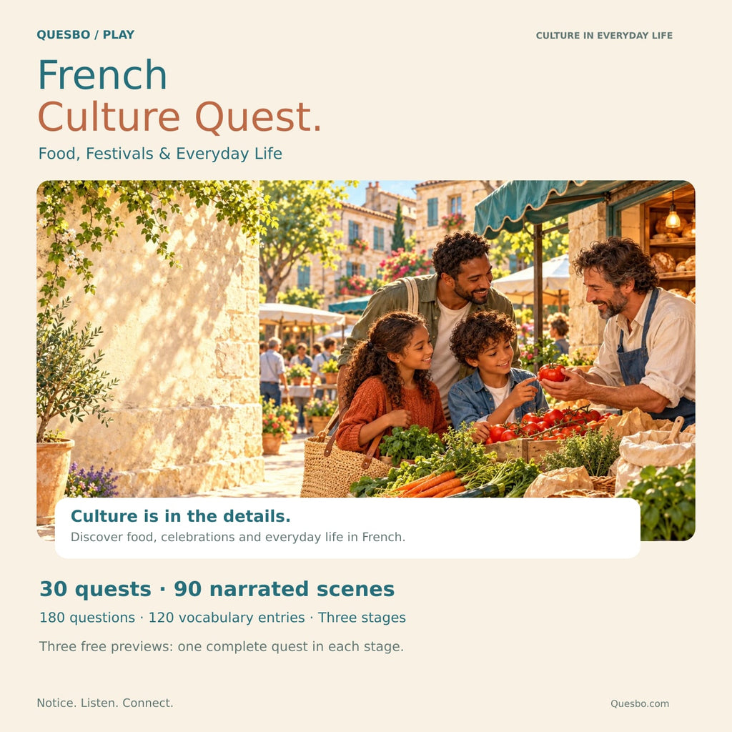 French Culture Quest — 30 quests, 90 narrated scenes and 120 vocabulary entries, illustrated with a French market