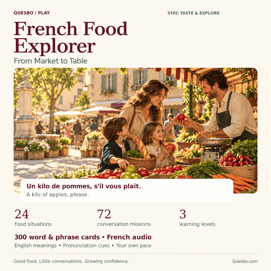 French Food Explorer — From Market to Table: branded Quesbo Play cover showing a family at a French food market, with 24 situations, 72 missions, 3 levels, 300 cards and French audio.
