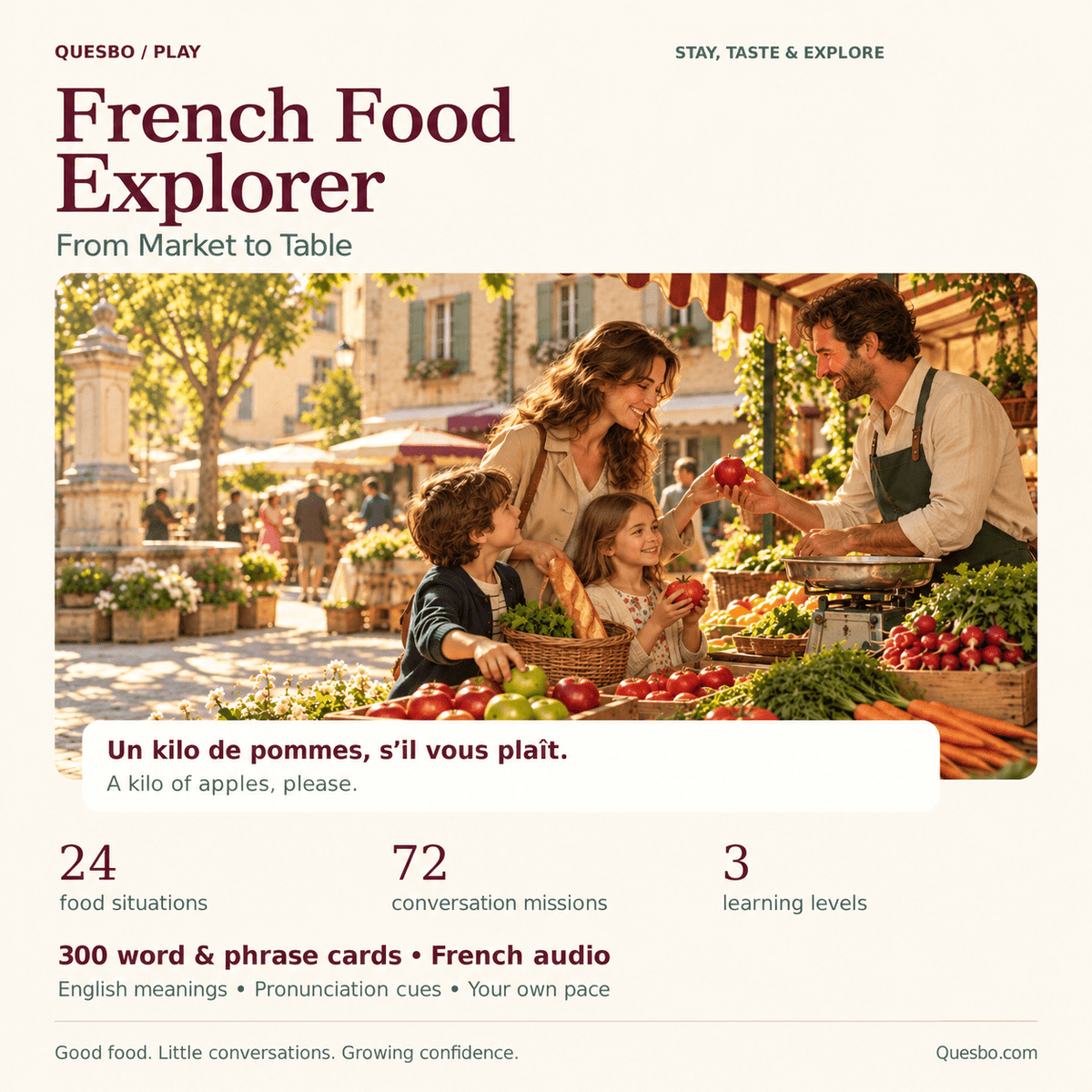 French Food Explorer — From Market to Table: branded Quesbo Play cover showing a family at a French food market, with 24 situations, 72 missions, 3 levels, 300 cards and French audio.