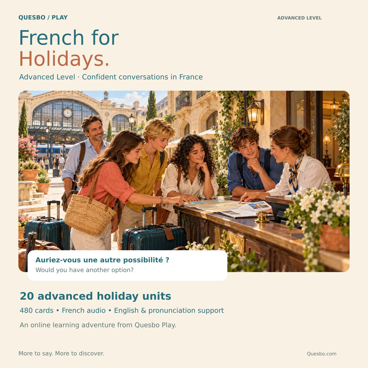 French for Holidays — Advanced Level cover, with illustrated travellers and features including 20 units, 480 cards, French audio and English support.