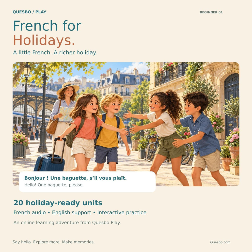 French for Holidays from Quesbo Play: a beginner course with French audio and English support