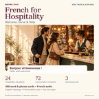 French for Hospitality — Welcome, Serve & Help: Quesbo Play cover with a hotel reception scene, 24 situations, 72 conversation missions, three learning levels, 300 phrase cards and French audio.