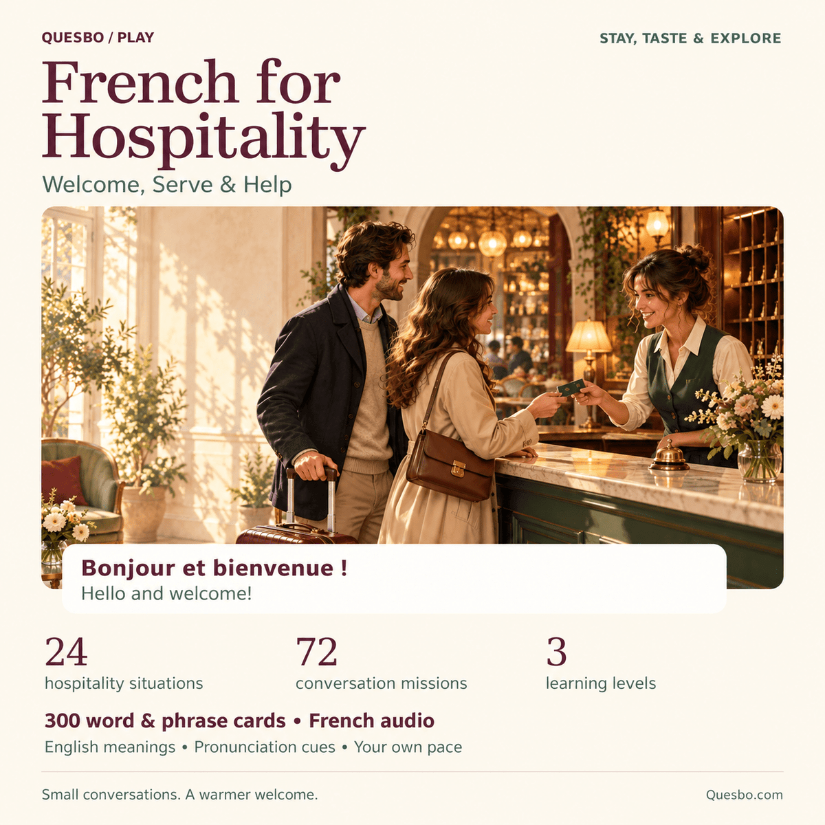 French for Hospitality — Welcome, Serve & Help: Quesbo Play cover with a hotel reception scene, 24 situations, 72 conversation missions, three learning levels, 300 phrase cards and French audio.