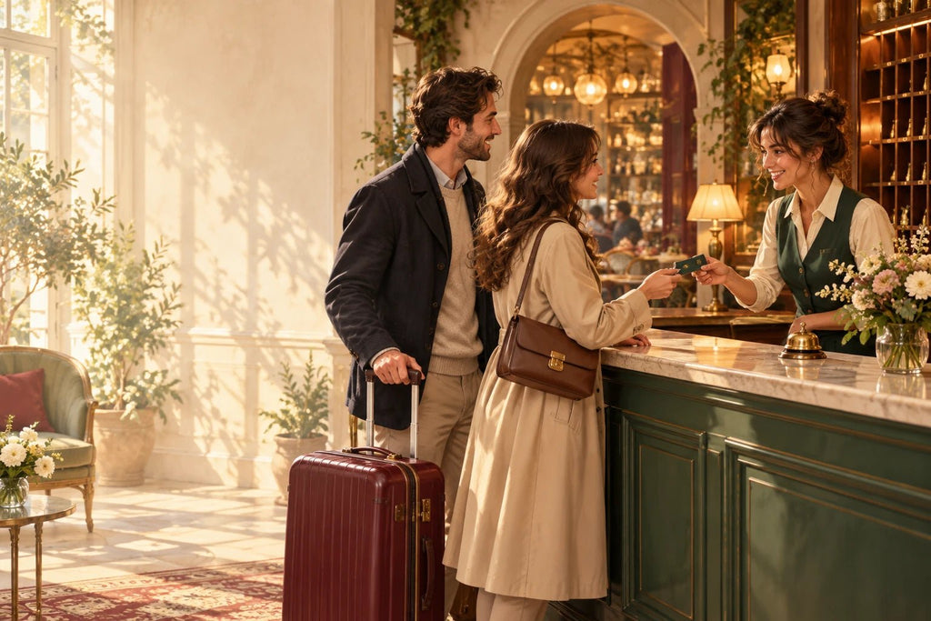 French for Hospitality illustration: a receptionist in a green uniform welcomes two guests at a warm boutique hotel reception.