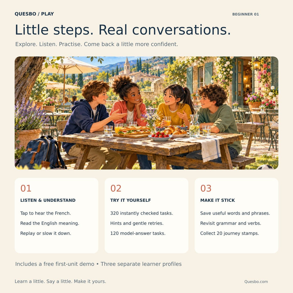 Listen with English support, practise with feedback and save useful French phrases in your learning passport.