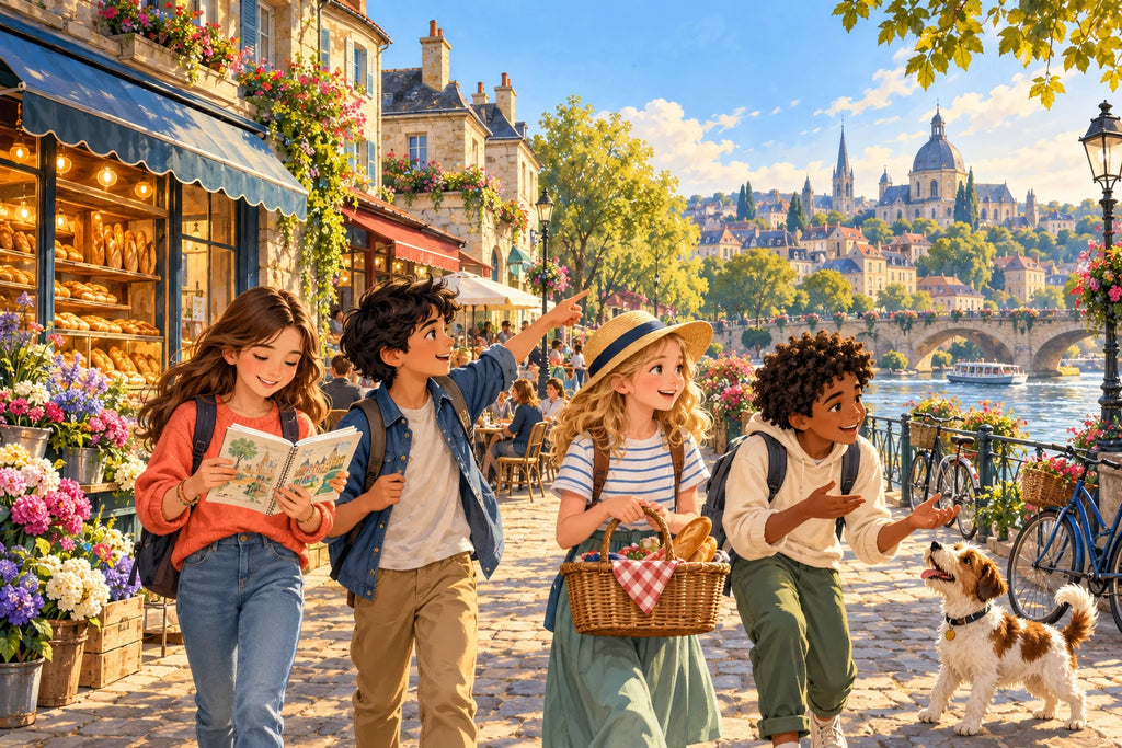 French Grammar Made Easy illustration of four children walking beside a French riverside café with a book, picnic basket and small dog.