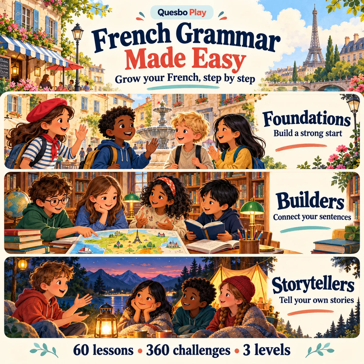 French Grammar Made Easy overview with illustrated Foundations, Builders and Storytellers stages, presenting 60 lessons, 360 challenges and three levels.