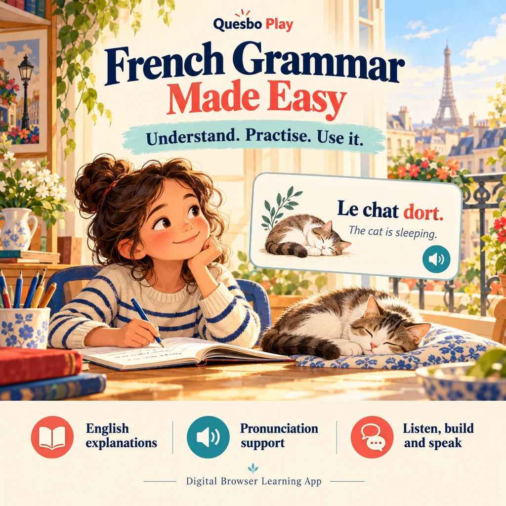 French Grammar Made Easy graphic with a learner and sleeping cat, the example Le chat dort, and English, pronunciation and speaking support.