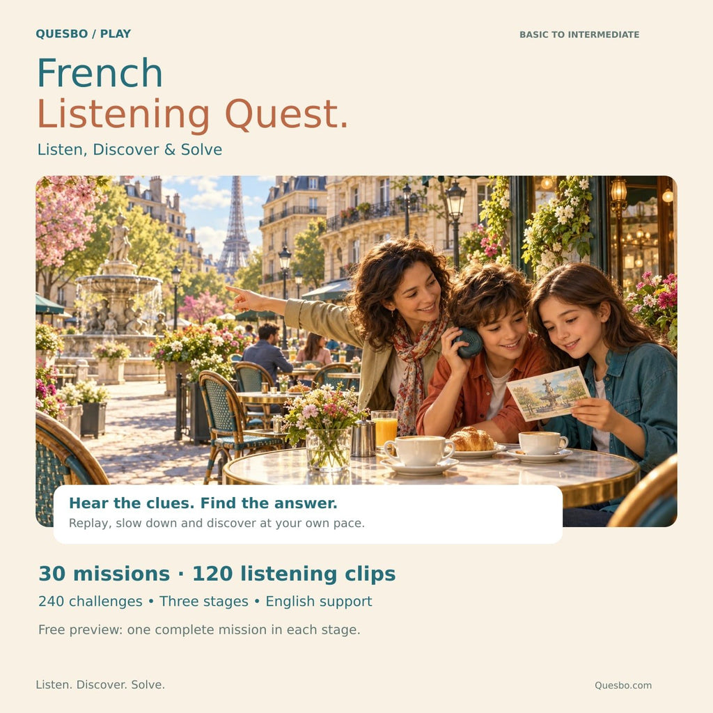 French Listening Quest — Listen, Discover & Solve: 30 missions from basic words to intermediate French