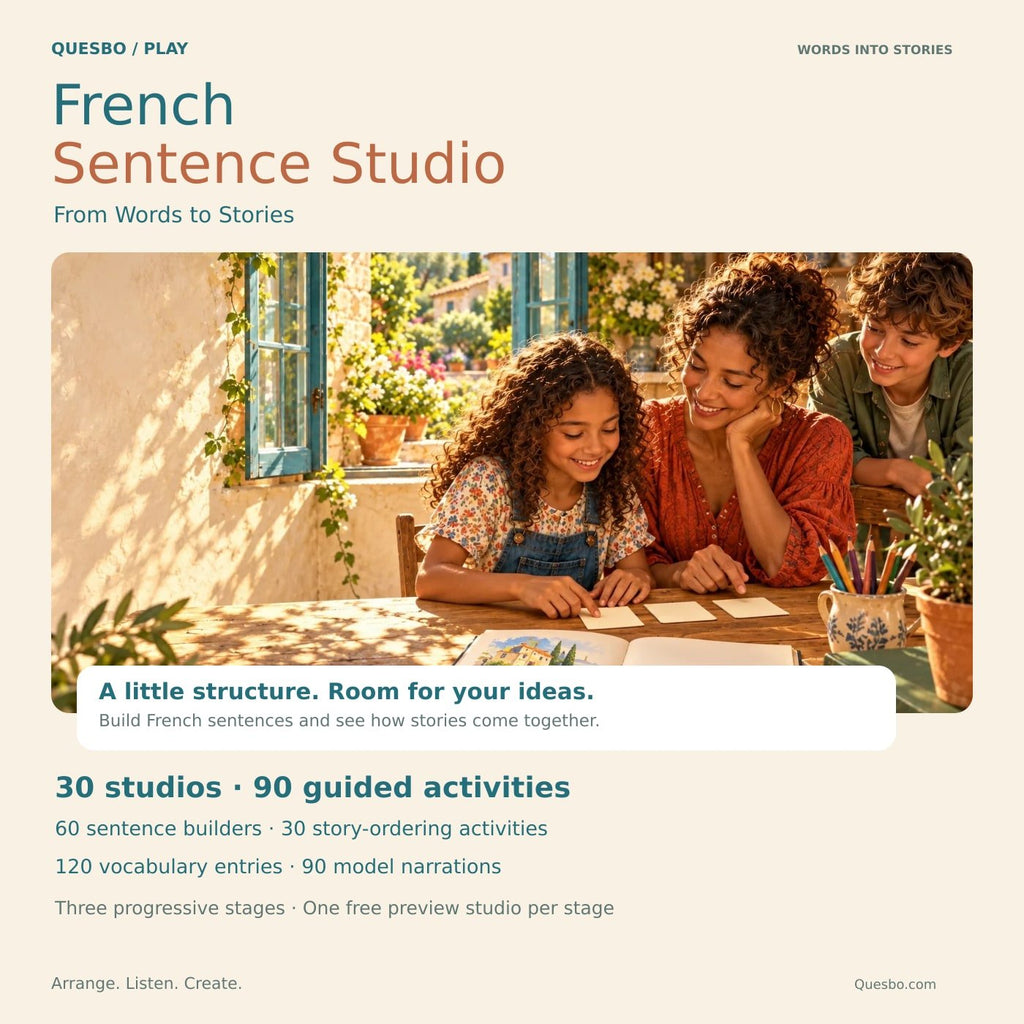 French Sentence Studio — From Words to Stories: 30 studios, 90 guided activities and 120 vocabulary entries.