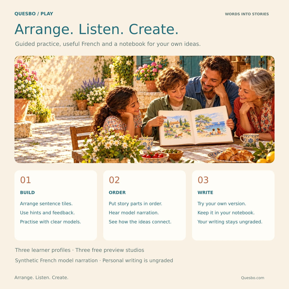 Arrange sentence tiles, put stories in order and try optional ungraded writing in your notebook.