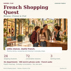 Quesbo Play French Shopping Quest — Browse, Choose & Chat: illustrated course cover with six departments, 24 situations, 72 missions and 300 cards
