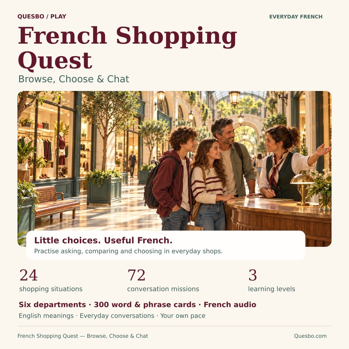 Quesbo Play French Shopping Quest — Browse, Choose & Chat: illustrated course cover with six departments, 24 situations, 72 missions and 300 cards