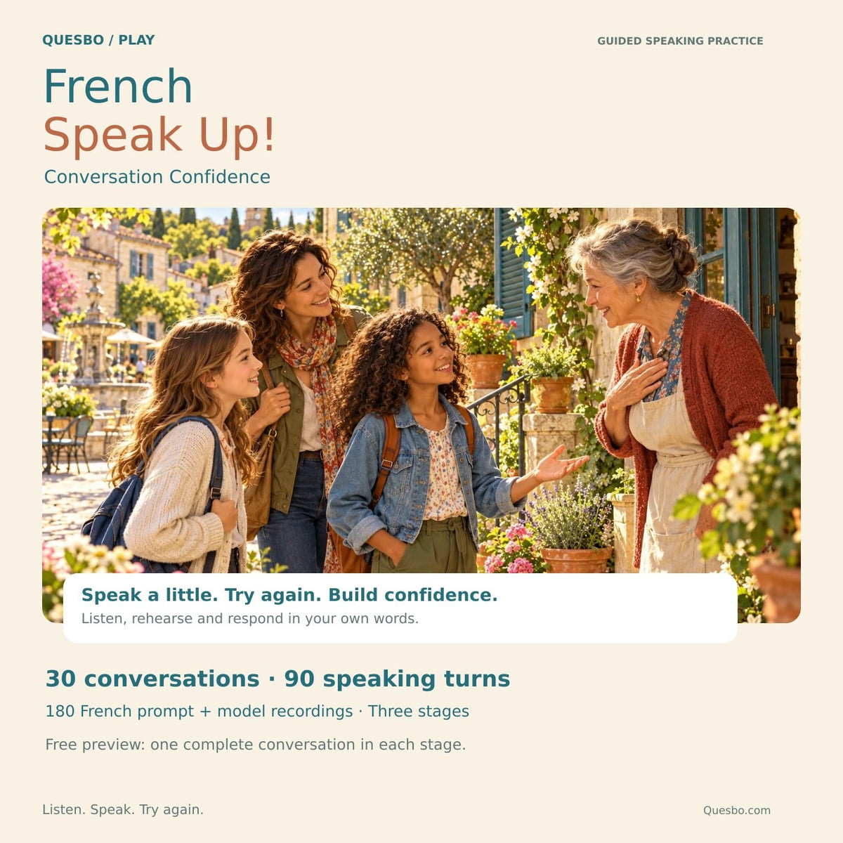 French Speak Up! — Conversation Confidence: 30 conversations and 90 speaking turns.