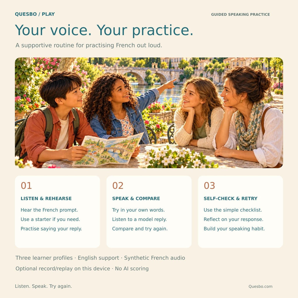 Listen, rehearse, speak and compare with optional private recording and self-checks.