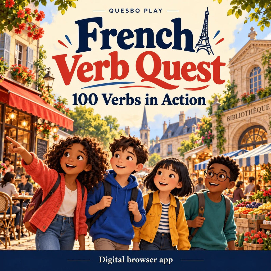 French Verb Quest — 100 Verbs in Action, an illustrated Quesbo Play digital browser app.