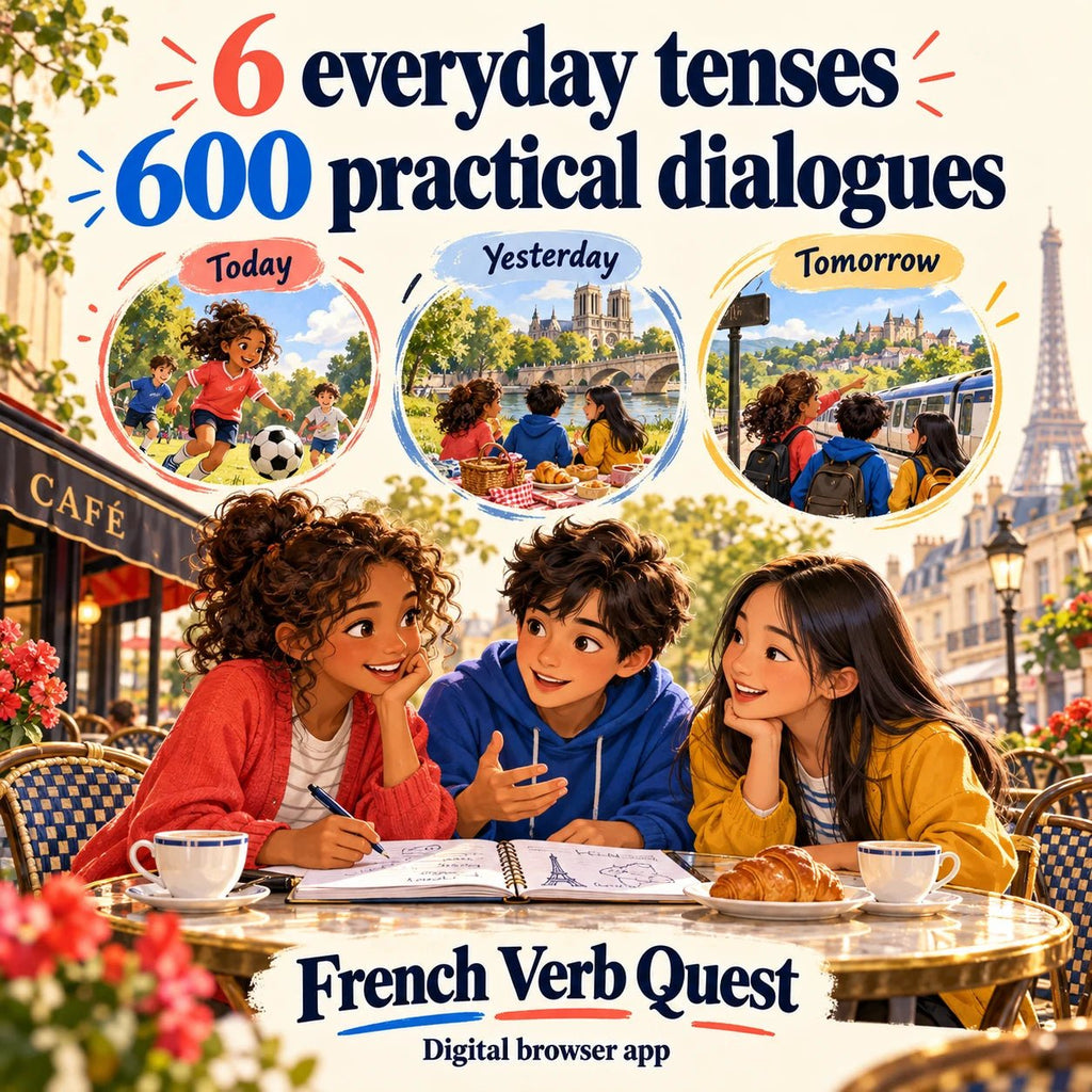 French Verb Quest offers six everyday tenses and 600 practical dialogues for talking about today, yesterday and tomorrow.
