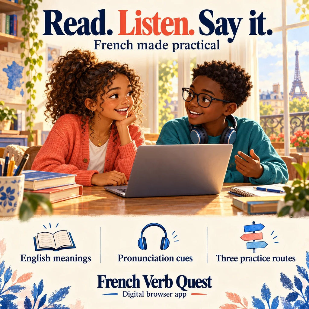 French Verb Quest learning support: English meanings, pronunciation cues and three practice routes.