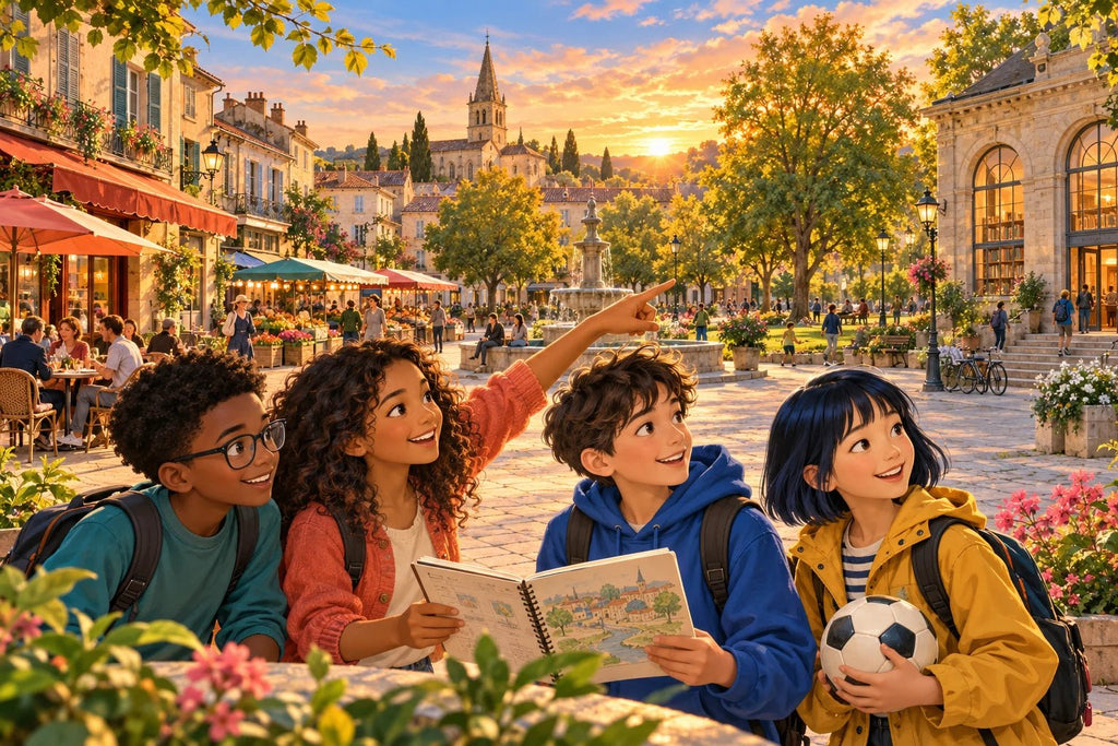 French Verb Quest: four young friends exploring an illustrated French town