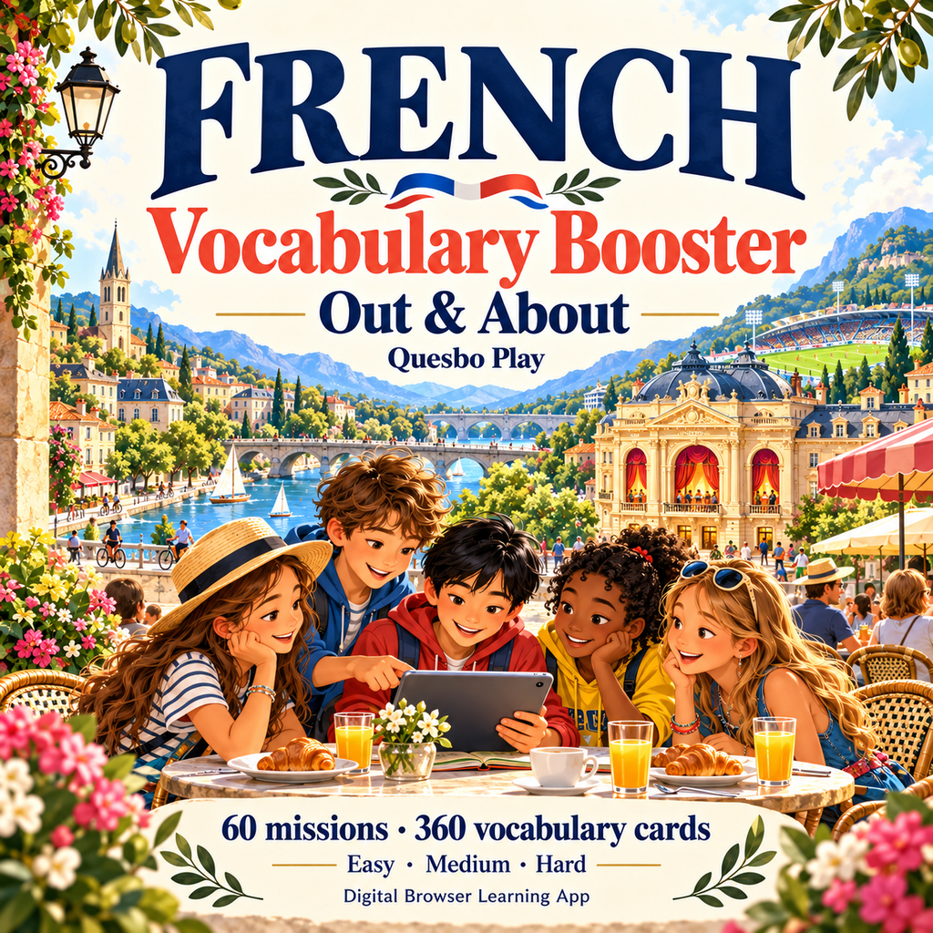 French Vocabulary Booster — Out & About by Quesbo Play. Sixty missions, 360 vocabulary cards, Easy, Medium and Hard. Digital browser learning app.
