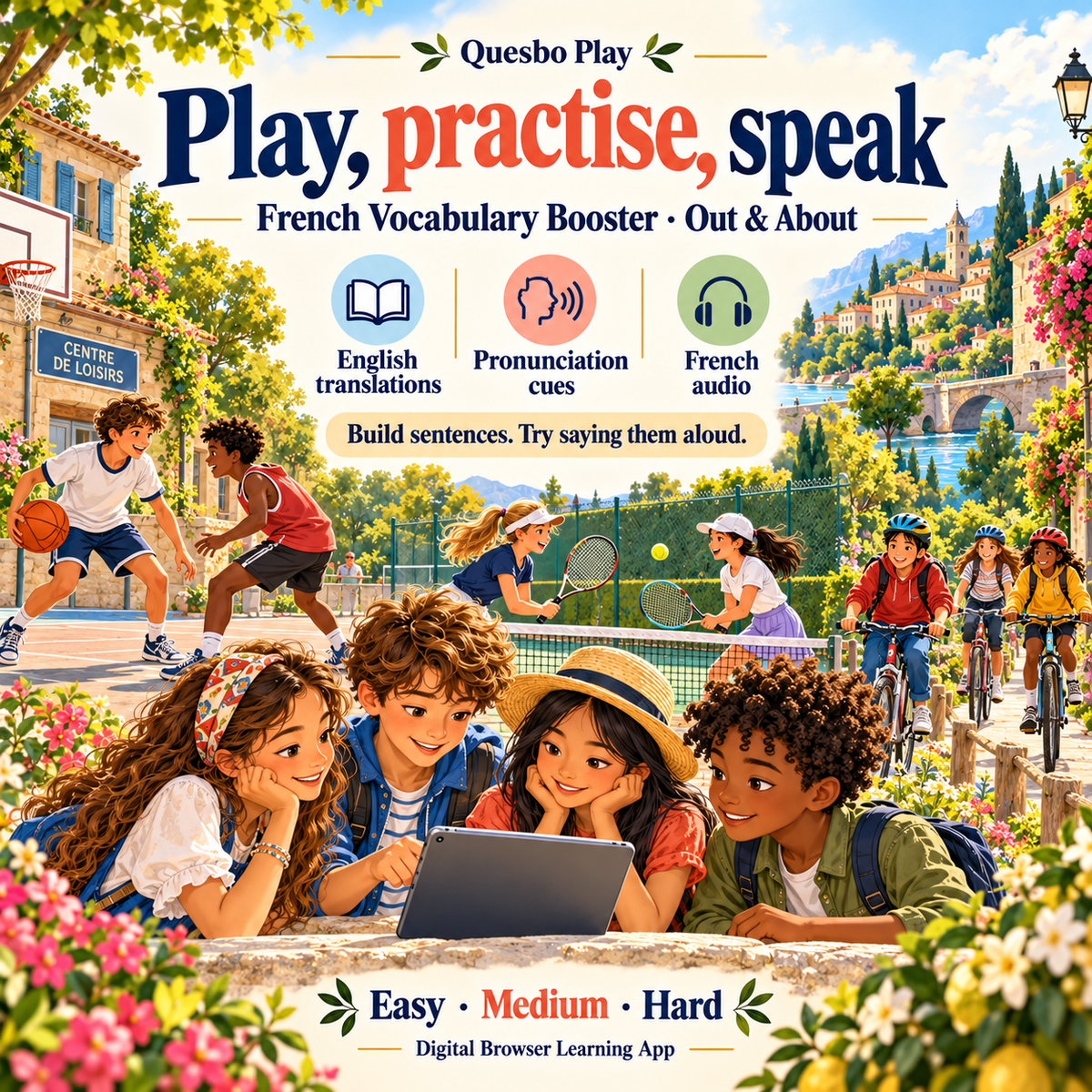French Vocabulary Booster: sports and learning with English translations, pronunciation cues, French audio, sentence building and speaking practice.